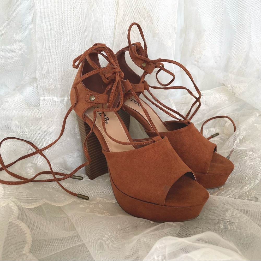 JUSTFAB Brown Suede Lace Up Heels